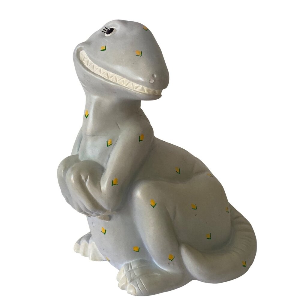 DINOSAUR Coin BANK Kathy Wise Enesco Green Yellow Flowers Ceramic 1986 Vintage